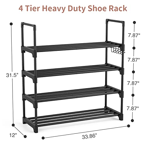 WEXCISE Shoe Rack 4 Tier 16-20 Pairs Shoe Rack for Entryway Sturdy Shoe Organizer Storage for Closet Bedroom Dorm Heavy Duty Black Metal Shoe Shelf with Hooks