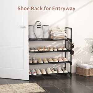 WEXCISE Shoe Rack 4 Tier 16-20 Pairs Shoe Rack for Entryway Sturdy Shoe Organizer Storage for Closet Bedroom Dorm Heavy Duty Black Metal Shoe Shelf with Hooks