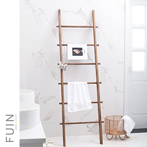 FUIN 6ft Wood Blanket Ladder Living Room Decorative Wall Leaning Farmhouse Quilt Display Holder Storage Rustic Wooden Towel Rack for Bathroom, Light Brown