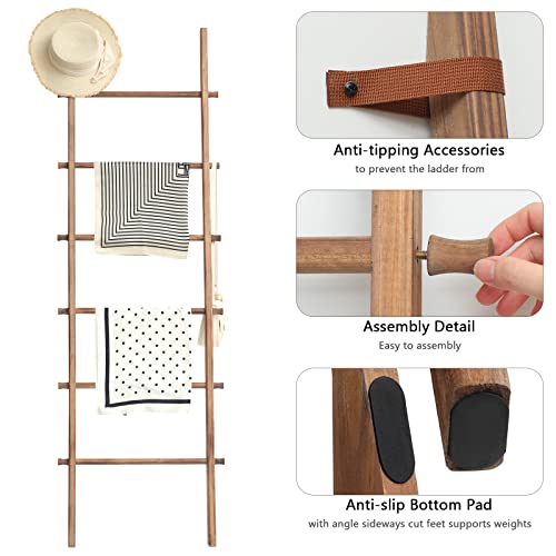 FUIN 6ft Wood Blanket Ladder Living Room Decorative Wall Leaning Farmhouse Quilt Display Holder Storage Rustic Wooden Towel Rack for Bathroom, Light Brown