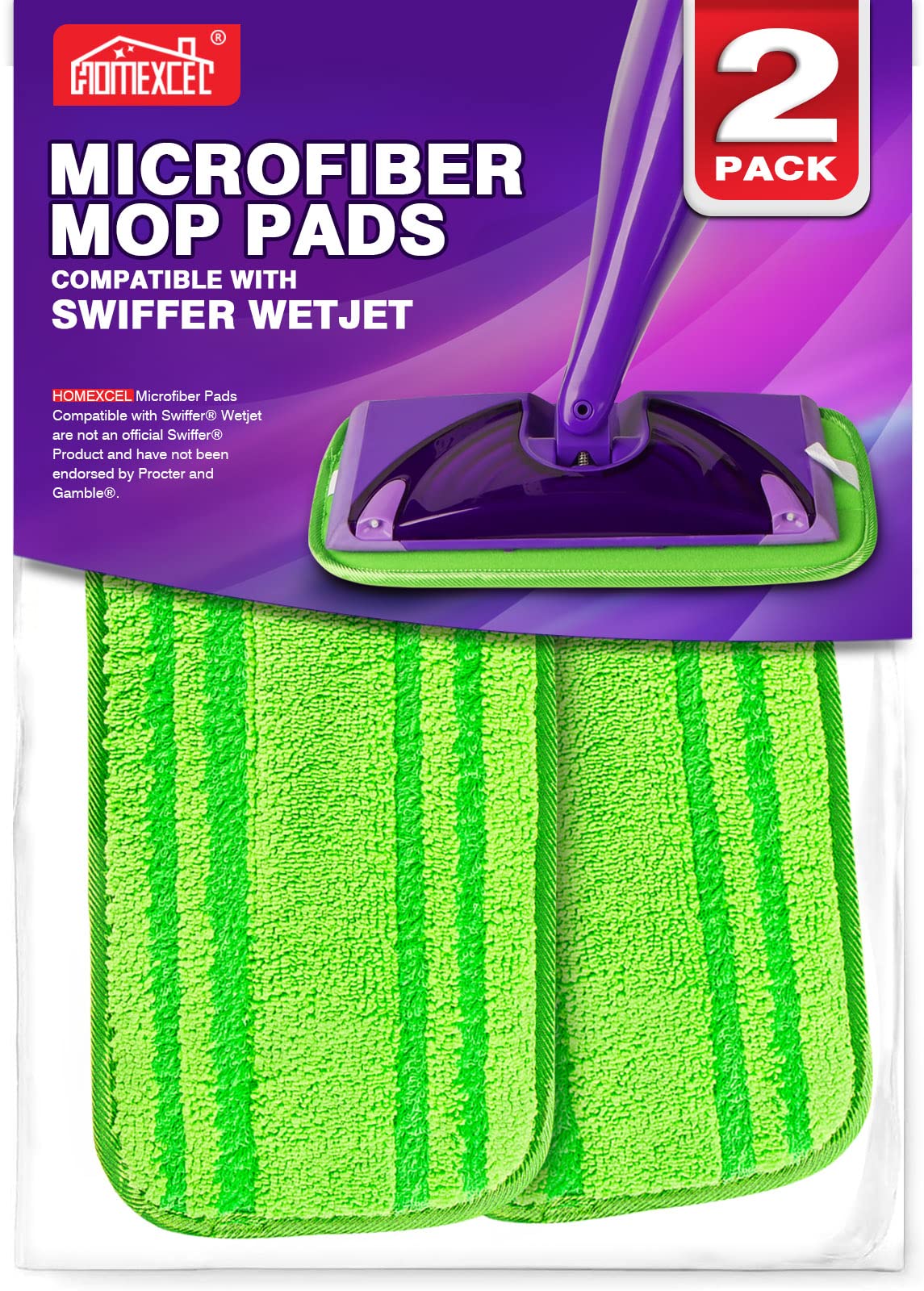 HOMEXCEL Microfiber Mop Pads Compatible with Swiffer Wet Jet,Reusable Machine Washable Swiffer WetJet Mop Pad Refills,Mop Head Replacements for Multi Surface Wet & Dry Cleaning,Pack of 2