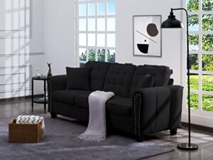 86.6” flare arm polyester upholstered sofa with 2 pillows - 3-seater couch for living room, bedroom, lounge, office - contemporary design, home decor furniture accessory (black)