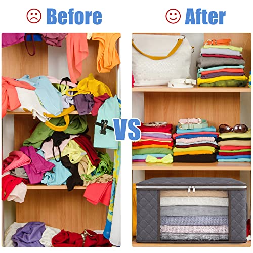 Fixwal 8 Pack Blanket Storage Bags Foldable Clothing Storage with Reinforced Handles Sturdy Zippers Storage Containers for Clothes Pillow Dorm Bedroom, 60L, Gray