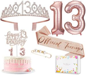 8pcs 13 birthday decorations for girls, including 13th happy birthday cake toppers, birthday queen sash with pearl pin, sweet rhinestone tiara crown, number candles and balloons set, rose gold