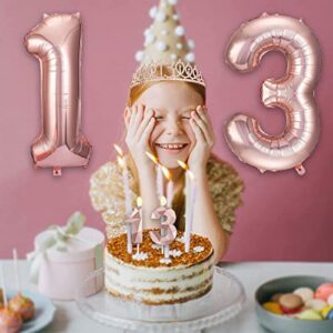 8pcs 13 Birthday Decorations for Girls, Including 13th Happy Birthday Cake Toppers, Birthday Queen Sash with Pearl Pin, Sweet Rhinestone Tiara Crown, Number Candles and Balloons Set, Rose Gold