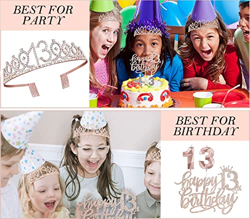 8pcs 13 Birthday Decorations for Girls, Including 13th Happy Birthday Cake Toppers, Birthday Queen Sash with Pearl Pin, Sweet Rhinestone Tiara Crown, Number Candles and Balloons Set, Rose Gold