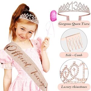 8pcs 13 Birthday Decorations for Girls, Including 13th Happy Birthday Cake Toppers, Birthday Queen Sash with Pearl Pin, Sweet Rhinestone Tiara Crown, Number Candles and Balloons Set, Rose Gold