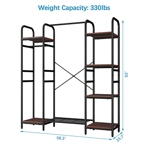 Timate P9 Clothes Rack with Shelves Portable Freestanding Clothing Rack for Hanging Clothes, Heavy Duty Garment Rack with 6 Wood Shelves & 2 Hanging Rod Sturdy Metal Storage Wardrobe for Bedroom Black