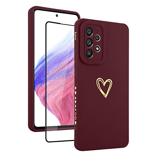 Fiyart Designed for Samsung Galaxy A53 5G Case Love Heart Design for Women Girls Soft TPU Plating Full Camera Lens Protection Phone Bumper with Screen Protector for Galaxy A53 5G 6.5"-Wine Red