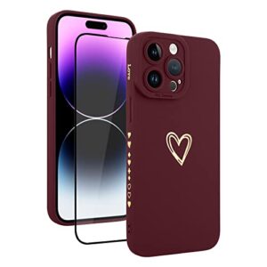fiyart designed for iphone 14 pro max case love heart design for women girls soft tpu plating full camera lens protection phone bumper with screen protector for iphone 14 pro max 6.7"-wine red
