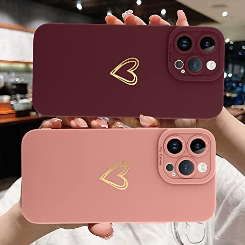 Fiyart Designed for iPhone 14 Pro Max Case Love Heart Design for Women Girls Soft TPU Plating Full Camera Lens Protection Phone Bumper with Screen Protector for iPhone 14 Pro Max 6.7"-Wine Red