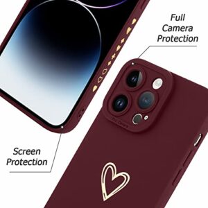 Fiyart Designed for iPhone 14 Pro Max Case Love Heart Design for Women Girls Soft TPU Plating Full Camera Lens Protection Phone Bumper with Screen Protector for iPhone 14 Pro Max 6.7"-Wine Red