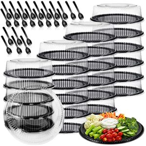 24 pack 12 inch heavy duty serving tray with clear lid and sporks, large plastic tray with elegant platter round black disposable for fruit sandwich party takeout food catering picnic