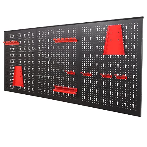 HPDMC Pegboard Wall Organizer 48'' Wide Garage Tool Pegboard Standard Tool Storage Kit - (3) Black Pegboard and Red Accessories