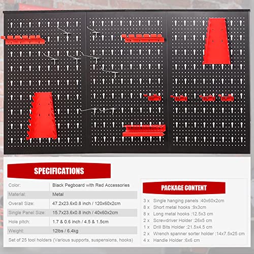 HPDMC Pegboard Wall Organizer 48'' Wide Garage Tool Pegboard Standard Tool Storage Kit - (3) Black Pegboard and Red Accessories