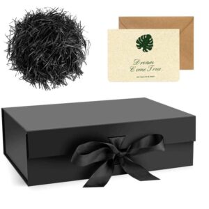 gift box with satin ribbon,9.1*6.1*2.7inches black collapsible gift box with magnetic lid, with gift card, envelope, shredded paper filler，for bridesmaid proposal gift, graduation, holiday, birthday party favor,（1 pcs）