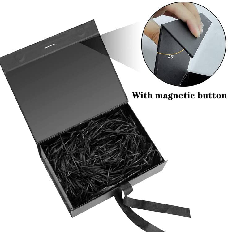 Gift Box with Satin Ribbon,9.1*6.1*2.7Inches black Collapsible Gift Box with Magnetic Lid, with Gift Card, Envelope, Shredded Paper Filler，for Bridesmaid Proposal Gift, Graduation, Holiday, Birthday Party Favor,（1 Pcs）