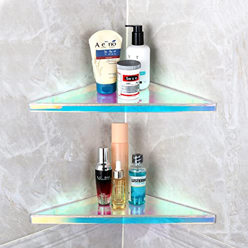 evron Acrylic Corner Mounting Shelf,Corner Shelves Waterproof for Bathroom Storage,Easy to Install Wall Corner Shelf,Set of 2 (Iridescent)