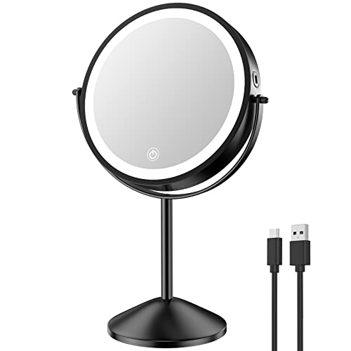 Benbilry 8" Lighted Makeup Vanity Mirror with 3 Color Dimmable Lights, 1X/10X Magnifying Rechargeable Double Sided Cosmetic Mirror, 360° Swivel Light Up Cordless Standing Mirror Black
