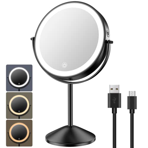 Benbilry 8" Lighted Makeup Vanity Mirror with 3 Color Dimmable Lights, 1X/10X Magnifying Rechargeable Double Sided Cosmetic Mirror, 360° Swivel Light Up Cordless Standing Mirror Black