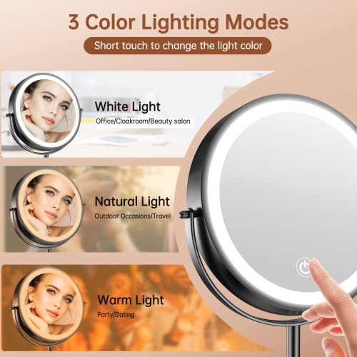 Benbilry 8" Lighted Makeup Vanity Mirror with 3 Color Dimmable Lights, 1X/10X Magnifying Rechargeable Double Sided Cosmetic Mirror, 360° Swivel Light Up Cordless Standing Mirror Black