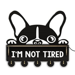 the geeky days dog puppy key holder for wall, boston terrier i am not tired wood wall mounted hat coat rack with mail medal organizer shelf, 5 metal hooks hanger, for closet door hanging