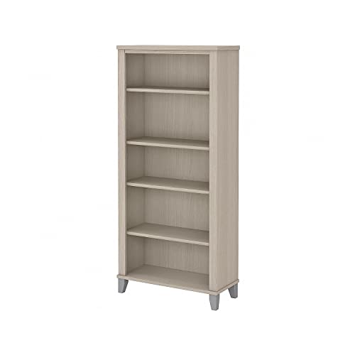 Bush Furniture Somerset 72W 3 Position Sit to Stand L Shaped Desk in Sand Oak & Somerset Tall 5 Shelf Bookcase in Sand Oak