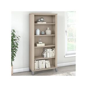 Bush Furniture Somerset 72W 3 Position Sit to Stand L Shaped Desk in Sand Oak & Somerset Tall 5 Shelf Bookcase in Sand Oak