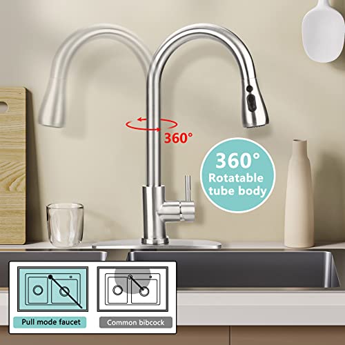 Kitchen Faucet with Pull Down Sprayer and Deck Plate Modern Single Handle 360°Swivel High Arc Brushed Nickel Sink Faucet Stainless Steel Kitchen Sink Tap, 3-Modes Spray