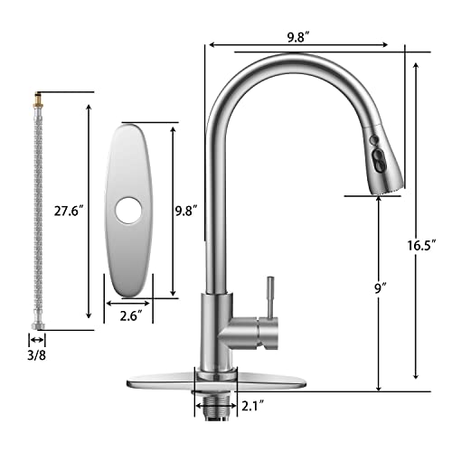 Kitchen Faucet with Pull Down Sprayer and Deck Plate Modern Single Handle 360°Swivel High Arc Brushed Nickel Sink Faucet Stainless Steel Kitchen Sink Tap, 3-Modes Spray