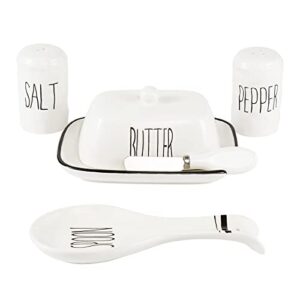 ceramic butter dish with lid butter knife, spoon rest, salt and pepper shakers 5 in 1 set, gifts for cooking lovers, food safe, ceramic, snack time, rust-free, white