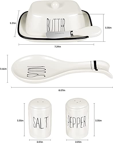 Ceramic Butter Dish with Lid Butter Knife, Spoon Rest, Salt and Pepper Shakers 5 in 1 Set, Gifts for Cooking Lovers, Food Safe, Ceramic, Snack Time, Rust-Free, White