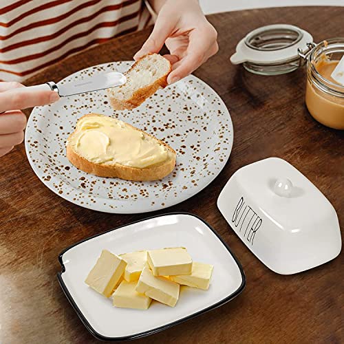 Ceramic Butter Dish with Lid Butter Knife, Spoon Rest, Salt and Pepper Shakers 5 in 1 Set, Gifts for Cooking Lovers, Food Safe, Ceramic, Snack Time, Rust-Free, White