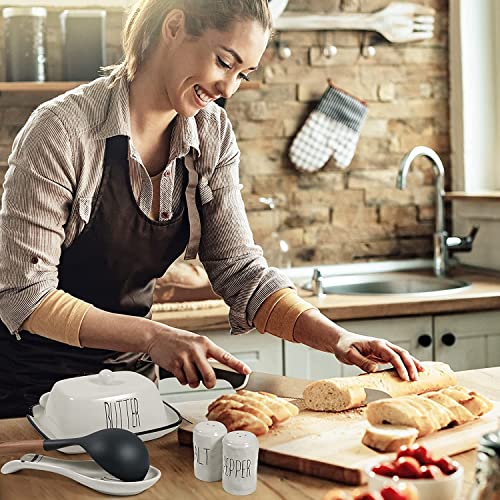 Ceramic Butter Dish with Lid Butter Knife, Spoon Rest, Salt and Pepper Shakers 5 in 1 Set, Gifts for Cooking Lovers, Food Safe, Ceramic, Snack Time, Rust-Free, White