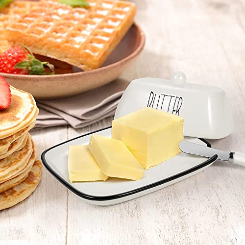 Ceramic Butter Dish with Lid Butter Knife, Spoon Rest, Salt and Pepper Shakers 5 in 1 Set, Gifts for Cooking Lovers, Food Safe, Ceramic, Snack Time, Rust-Free, White