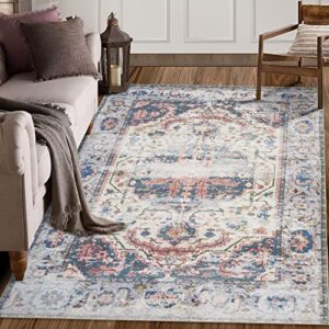 rugsreal washable rug for living room 5x7 vintage distressed carpet oriental area rug foldable non-slip low-pile area rug boho rug for bedroom dining room home office, 5' x 7' blue/red