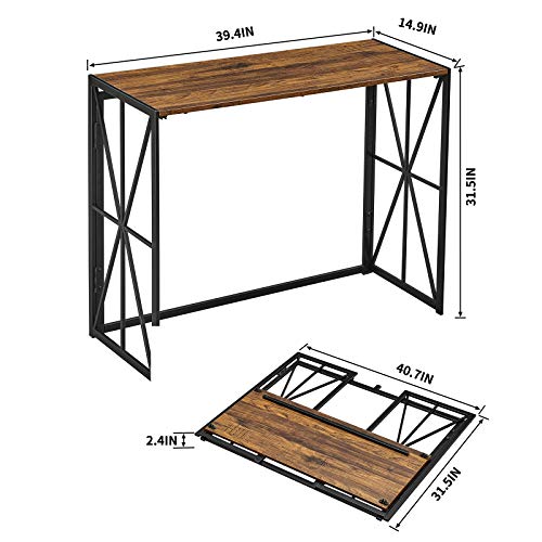 FurniturerR Computer Desk 39.4'' Folding Table Home Office Writing Desk Student Study Modern Laptop Desk Sturdy Work PC Table No Assembly Side Table Wooden Desk with Metal X-Frame, Brown