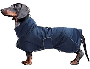 dachshund coats waterproof, perfect for dachshunds, sausage, weiner dog winter coat with padded fleece, puppy snowsuit with adjustable bands and high vis reflective trim - navy - xs