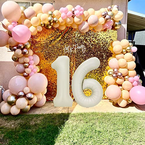 XKFCFC 40Inch Beige Cream 16 Balloon Numbers - Nude color Champagne Kalisan Big Giant Jumbo Large Number Foil Mylar 16th for Birthday Party Supplies 16 Anniversary Events Decorations (Cream-16 Number)