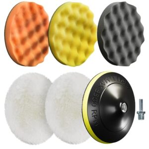 7 pcs waxing buffing pad kit, 7 inch buffing and polishing pad kit, 3 pcs polishing sponge,2 pcs wool pad, and a m14 threaded polisher grip backing plate for car buffer polisher, polishing and waxing