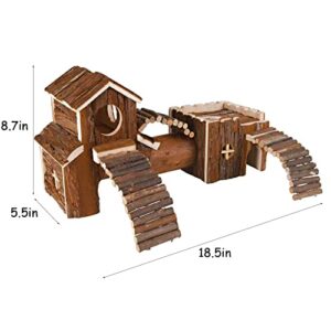 Natural Wooden Hamster Tunnel Playground Small Animal Multi-Room Hideouts Houses with Climbing Ladders & Bridge for Dwarf Hamster Mice and Other Small Animals,18.5 * 8.7 * 6 Inch