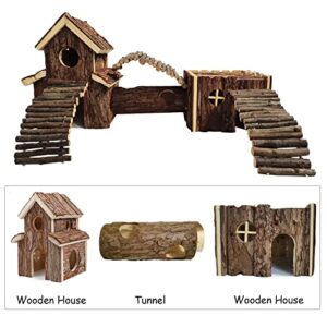 Natural Wooden Hamster Tunnel Playground Small Animal Multi-Room Hideouts Houses with Climbing Ladders & Bridge for Dwarf Hamster Mice and Other Small Animals,18.5 * 8.7 * 6 Inch