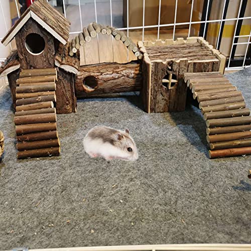 Natural Wooden Hamster Tunnel Playground Small Animal Multi-Room Hideouts Houses with Climbing Ladders & Bridge for Dwarf Hamster Mice and Other Small Animals,18.5 * 8.7 * 6 Inch