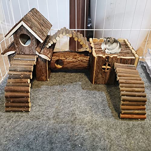 Natural Wooden Hamster Tunnel Playground Small Animal Multi-Room Hideouts Houses with Climbing Ladders & Bridge for Dwarf Hamster Mice and Other Small Animals,18.5 * 8.7 * 6 Inch