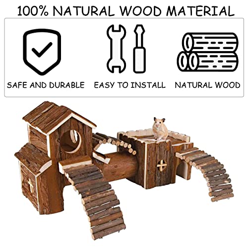 Natural Wooden Hamster Tunnel Playground Small Animal Multi-Room Hideouts Houses with Climbing Ladders & Bridge for Dwarf Hamster Mice and Other Small Animals,18.5 * 8.7 * 6 Inch