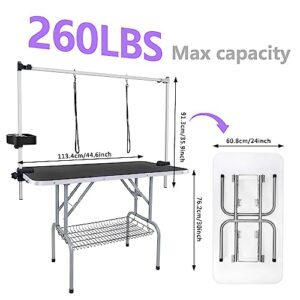 LEIBOU 45'' Professional Foldable Heavy Duty Dog Pet Grooming Table with Tool Holder H-Shape Arm & Noose & Mesh Tray, Maximum Capacity Up to 260lbs, Black