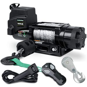 zostera electric winch 12v 6000lbs boat trailer winch with remote synthetic rope 1/4 in x 55 ft hook wireless remote handlebar switch, automatic braking, waterproof, for atv utv powersports off road