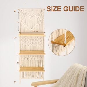 JIUXQT 3 Tier Macrame Shelf Wall Hanging Boho Shelf Decor Floating Shelves Wood Hanging Mounted Flotantes Farmhouse Bohemian Living Room Decor Bedroom Home Decoration Kitchen Storage