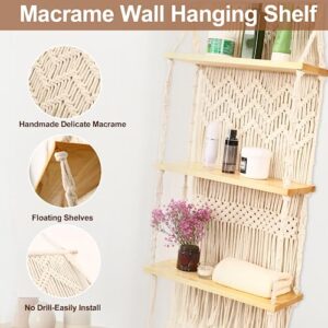 JIUXQT 3 Tier Macrame Shelf Wall Hanging Boho Shelf Decor Floating Shelves Wood Hanging Mounted Flotantes Farmhouse Bohemian Living Room Decor Bedroom Home Decoration Kitchen Storage