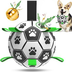 qdan dog soccer balls toy with bell inside, outdoor interactive dog toys for tug of war, puppy birthday gifts, dog water toy, durable ropes squeaky soccer dog ball for small and medium dogs （6 inch）